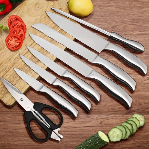  HOBO Knife Set,14-Piece Knives with Wooden Block, All-Purpose Kitchen Scissors and Sharpener Stainless Steel Chef Cutlery, Silver