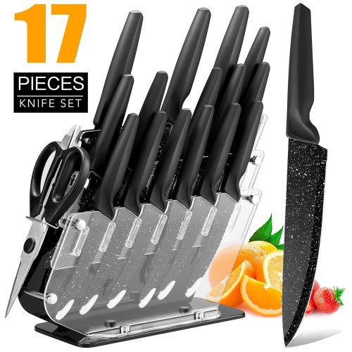  HOBO 17-Piece Knives, Stainless Steel Chef Knife Set with Acrylic Block Professional Non-slip Handle, Kitchen Scissors, Cooking Black Cutlery