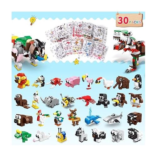  HOGOKIDS 30 Packs Party Favors for Kids - 867PCS Animals Building Blocks Sets for Classroom Prizes Goodie Bag Fillers Stocking Stuffers Birthday Valentines Easter Gifts for Kids Boys Girls 6+