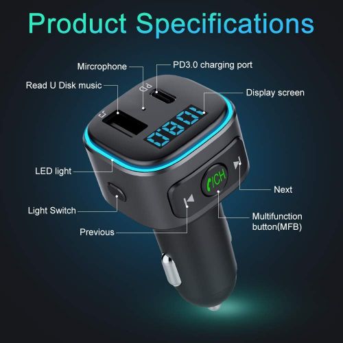  [아마존베스트]-Service-Informationen Holelei Bluetooth FM Transmitter, Car Bluetooth Radio Adapter Supports PD & USB (32G) Port Car Charger, with 7 Colour LED Backlit, Car Transmitter Bluetooth Adapter for iOS Android