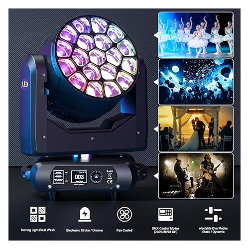  Moving Head Stage Lights LED 19 x 40W DJ Lighting Sound Activated with Remote & DMX Control for Disco Dance Hall Party Bar Performance Birthday Christmas Holiday(2 Pack)