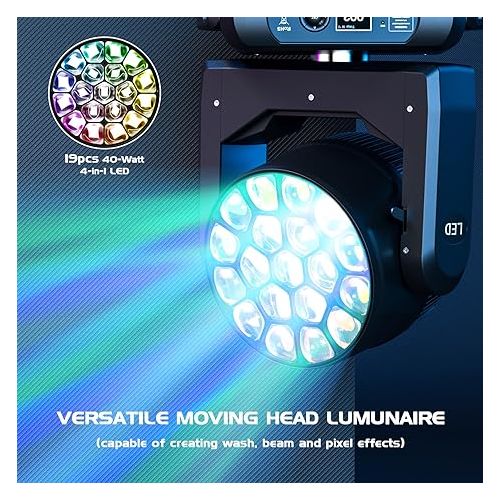  HOLDLAMP 19x40W Moving Heads Light RGBW 4in1 LED Stage Lights with Beam Wash Zoom Strobe Effect Professional DJ Lighting by Sound Activated Auto DMX Control for Disco Wedding Parties Club