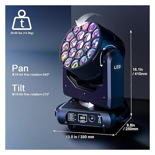  HOLDLAMP 19x40W Moving Heads Light RGBW 4in1 LED Stage Lights with Beam Wash Zoom Strobe Effect Professional DJ Lighting by Sound Activated Auto DMX Control for Disco Wedding Parties Club