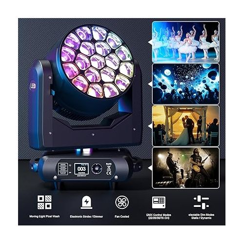  4 Packs of Stage Lights with 19LED x 40W Moving Heads Lighting, DJ Light Sound Activated with Remote & DMX Control for Disco Dance Hall Party Bar Performance Birthday Christmas Holiday