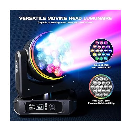  Moving Head Lights with 19X40W RGBW LEDs Bee Eye Stage Lights, Featuring Macro/Strobe/Dimmer/Pan/Tilt/Zoom and Rotating DMX512 DJ Light for Wedding Party Club Christmas(with Strip)