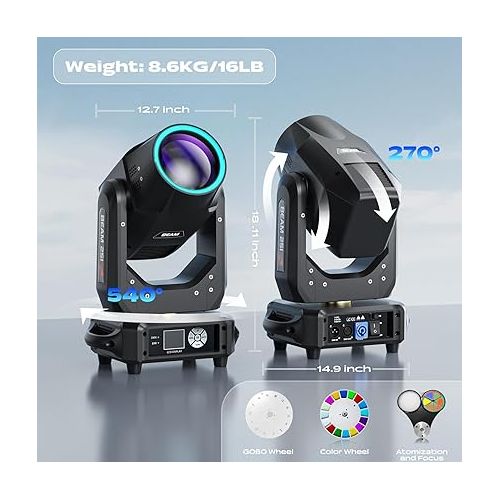  2Pcs 250W Moving Head Light DJ Lights 14 Gobos 10 Colors 18 Prisms Rainbow Effect 16 Channels DMX 512 and Sound Activated 0%-100% Linear dimming Stage Lighting for Wedding Church Live Show Bar