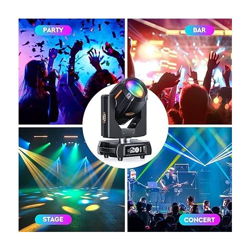  380W Moving Head Light Built-in 8 and 16-Facet Prisms Dj Lights, 13 Gobos 13 Colors Linear Focusing Stage Lighting, 16 Channels DMX 512 and Sound Activated for Wedding DJ Church