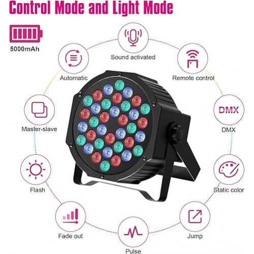  Rechargeable Par Lights 36W RGB Battery Powered, Wireless LED Par Lights DJ Uplights Sound Activated Remote Control for Wedding Events Club Party Church Stage Lighting