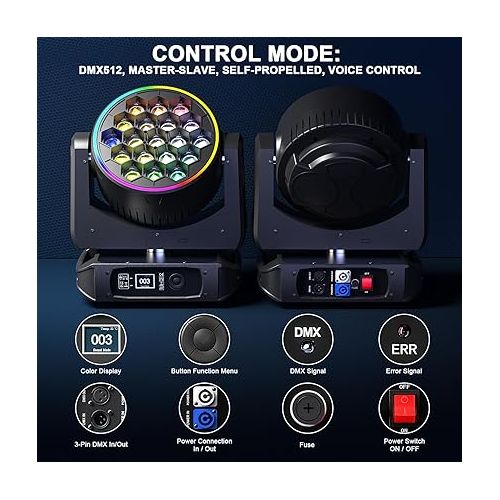  Moving Head Lights with 19X40W RGBW LEDS Bee Eye Stage Lights, Featuring Macro/Strobe/Dimmer/Pan/Tilt/Zoom and Rotating DMX512 DJ Light for Wedding Party Club Christmas (2 packs)