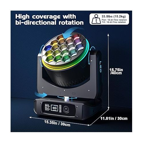  Moving Head Lights with 19X40W RGBW LEDs Bee Eye Stage Lights, Featuring Macro/Strobe/Dimmer/Pan/Tilt/Zoom and Rotating DMX512 DJ Light for Wedding Party Club Christmas (2 Packs)