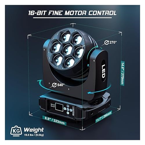  HOLDLAMP Zoom Moving Head DJ Lights Beam and Wash Stage Lighting Effect 7x40W LED RGBW 4-in-1 Color Bee Eye Focus Light by DMX and Sound Activated Control with CTO Mode for Concert Hall Theater