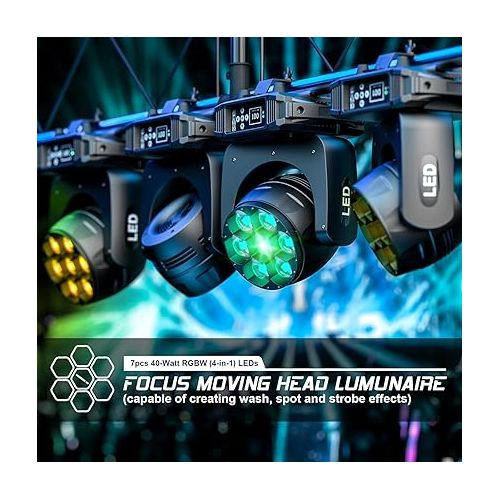  HOLDLAMP Zoom Moving Head DJ Lights Beam and Wash Stage Lighting Effect 7x40W LED RGBW 4-in-1 Color Bee Eye Focus Light by DMX and Sound Activated Control with CTO Mode for Concert Hall Theater