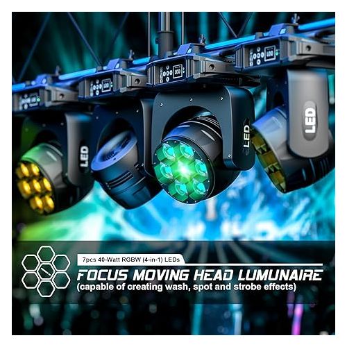  HOLDLAMP Zoom Moving Head DJ Lights Beam and Wash Stage Lighting Effect 7x40W LED RGBW 4-in-1 Color Bee Eye Focus Light by DMX and Sound Activated Control with CTO Mode for Concert Hall Theater