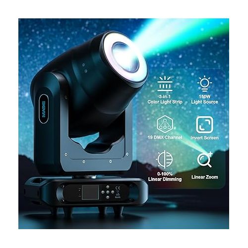  HOLDLAMP Focus Moving Head DJ Lights, 150W LED Moving Head Light with 15 Gobos (3-Facet Prism) 7 Colors Beam Spot Lights DMX Mode 19 Channel Sound Activated for Parties Wedding Church (Set of 4)