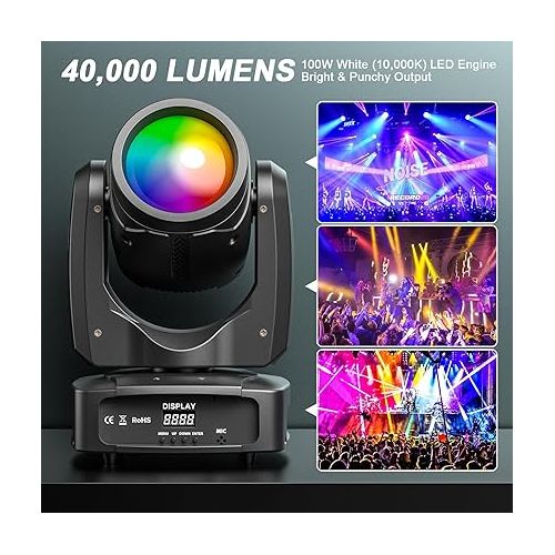  HOLDLAMP Moving Head Light 100W DJ Lights with 18-Facet Prism Gobos and 7 Colors Plus One Open LED Beam Lighting by Sound Activated DMX Control for Wedding Disco Party Church Live Show Bar