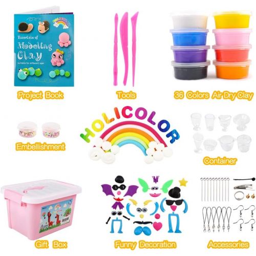  [아마존베스트]HOLICOLOR 36 Colors Air Dry Clay Kit Magic Modeling Clay Ultra Light Clay with Accessories, Tools and Tutorials for Kids DIY Crafts