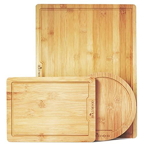  Holymood Bamboo Cutting Board with Juice Groove Organic Bamboo Kitchen Chopping Board for Meat Cheese and Vegetables Heavy Duty Serving Tray（3 Piece Set)