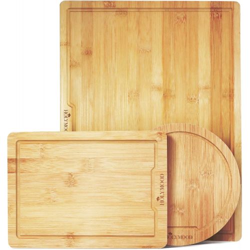  Holymood Bamboo Cutting Board with Juice Groove Organic Bamboo Kitchen Chopping Board for Meat Cheese and Vegetables Heavy Duty Serving Tray（3 Piece Set)