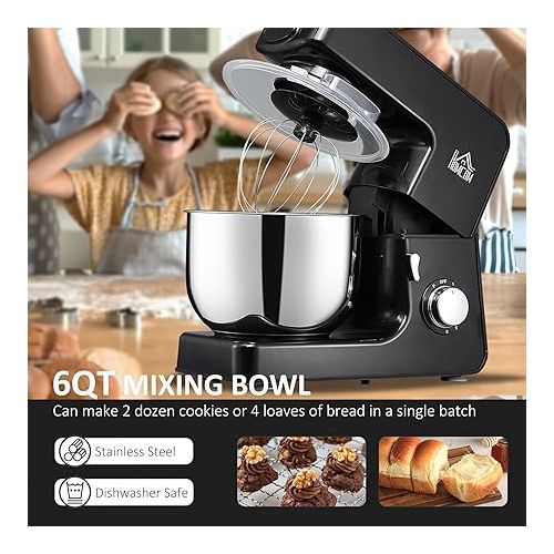  HOMCOM 6 Qt Stand Mixer with 6+1P Speed, 600W and Tilt Head, Kitchen Electric Mixer with Stainless Steel Beater, Dough Hook and Whisk for Baking Bread, Cakes and Cookies, Black