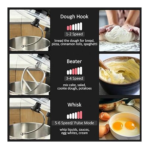  HOMCOM 6 Qt Stand Mixer with 6+1P Speed, 600W and Tilt Head, Kitchen Electric Mixer with Stainless Steel Beater, Dough Hook and Whisk for Baking Bread, Cakes and Cookies, Black