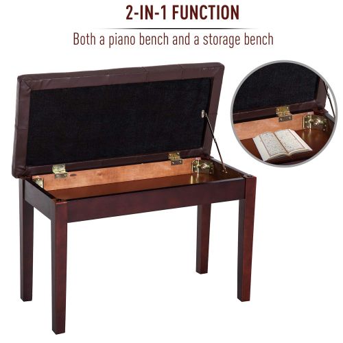  HOMCOM Traditional Country Birchwood Faux Leather Padded 2 Person Piano Bench - Chestnut Brown