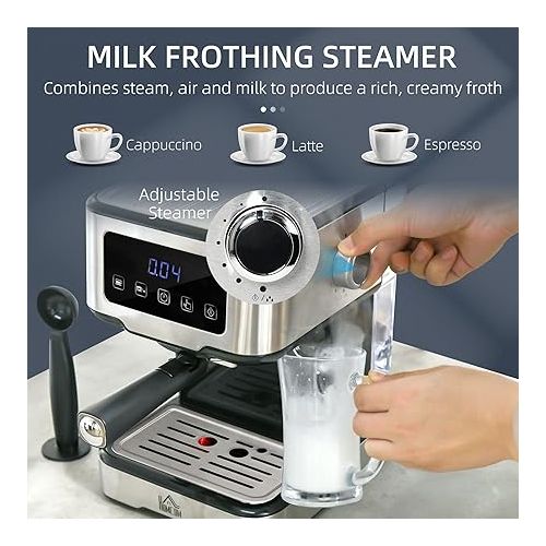  HOMCOM Espresso Machine with Milk Frother Wand, 15-Bar Pump Coffee Maker with 1.5L Removable Water Tank for Espresso, Latte and Cappuccino