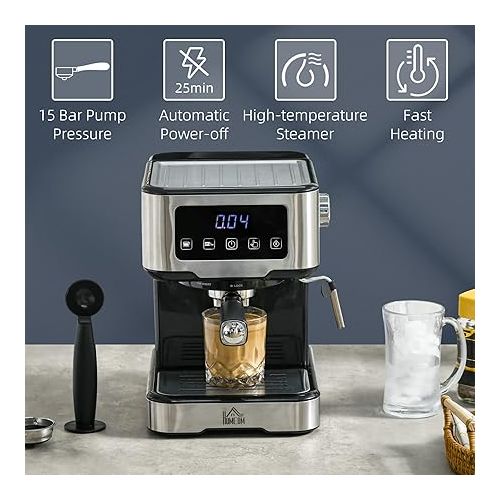  HOMCOM Espresso Machine with Milk Frother Wand, 15-Bar Pump Coffee Maker with 1.5L Removable Water Tank for Espresso, Latte and Cappuccino