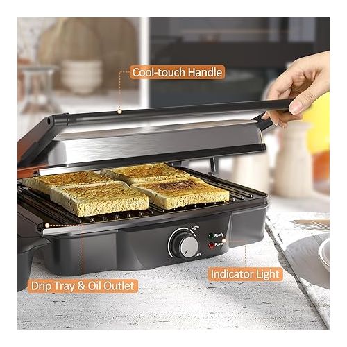  HOMCOM 4 Slice Panini Press Grill, Stainless Steel Sandwich Maker with Non-Stick Double Plates, Locking Lids and Drip Tray, Opens 180 Degrees to Fit Any Type or Size of Food 13.75