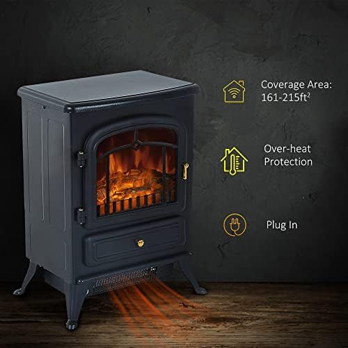  [아마존베스트]HOMCOM Freestanding Electric Fireplace Heater with Realistic Flames, 21 H, 1500W, Black