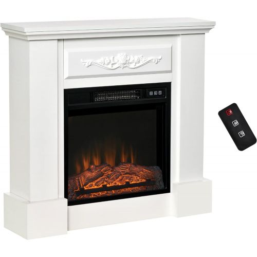  [아마존베스트]HOMCOM Freestanding Electric Fireplace Heater with Mantel, Wood, 1400W, 30 H, Beige