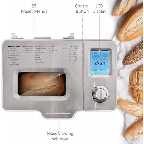  HOMCOM 2LB Bread Maker, Stainless Steel Bread Machine with 25 Programmable Settings, 3 Shade Crust Options, LCD Display, Gluten Free, Silver