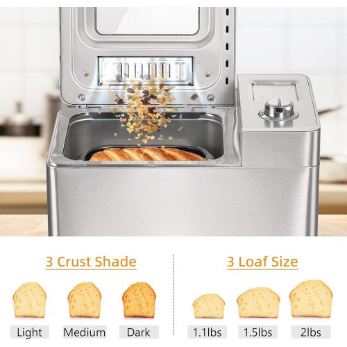  HOMCOM 2LB Bread Maker, Stainless Steel Bread Machine with 25 Programmable Settings, 3 Shade Crust Options, LCD Display, Gluten Free, Silver