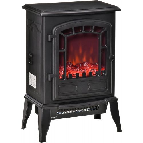  HOMCOM Free Standing Electric Fireplace Stove, Fireplace Heater with Realistic Flame Effect, Overheat Safety Protection, 750W / 1500W, Black