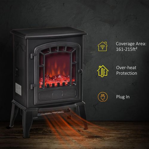  HOMCOM Free Standing Electric Fireplace Stove, Fireplace Heater with Realistic Flame Effect, Overheat Safety Protection, 750W / 1500W, Black