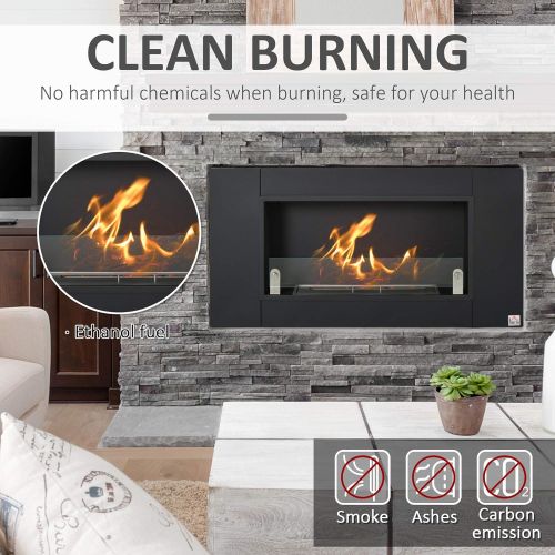  HOMCOM Ethanol Fireplace, 43.25 Wall-Mounted 0.73 Gal Stainless Steel Max 323 Sq. Ft., Burns up to 4 Hours, Black
