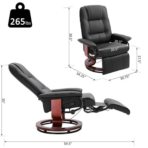  HOMCOM Faux Leather Adjustable Manual Traditional Swivel Base Recliner Chair with Footrest - Black