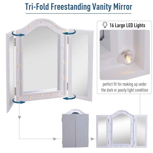  HOMCOM Tabletop Tri Fold Hollywood Style Vanity Mirror with LED Lights - White