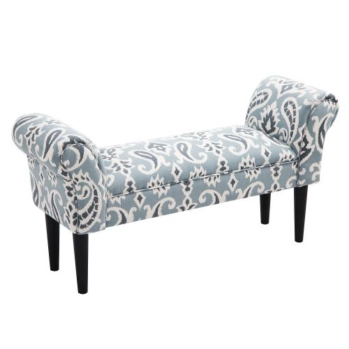  HOMCOM Linen Upholstered Vanity Accent Bench with Armrests - Blue Grey Paisley