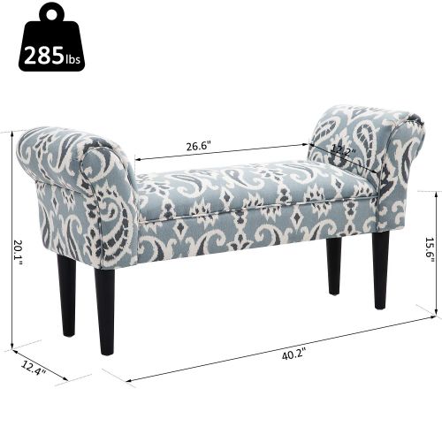  HOMCOM Linen Upholstered Vanity Accent Bench with Armrests - Blue Grey Paisley