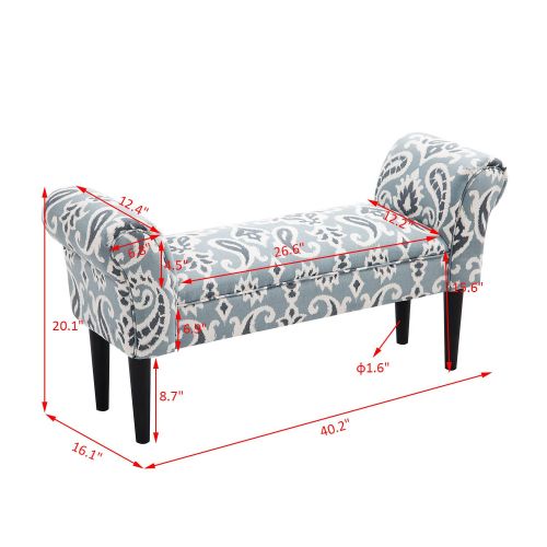  HOMCOM Linen Upholstered Vanity Accent Bench with Armrests - Blue Grey Paisley