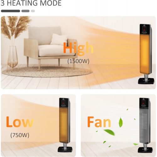  HOMCOM 2-In-1 Portable Electric Tower Heater, Oscillating Space Heater for Indoor Use, with Remote Control, 8H Timer, Three Heating Modes(High, Low, Fan), 750W / 1500W, Black