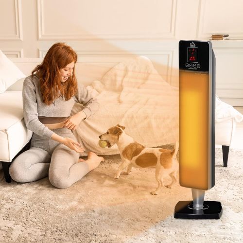  HOMCOM 2-In-1 Portable Electric Tower Heater, Oscillating Space Heater for Indoor Use, with Remote Control, 8H Timer, Three Heating Modes(High, Low, Fan), 750W / 1500W, Black
