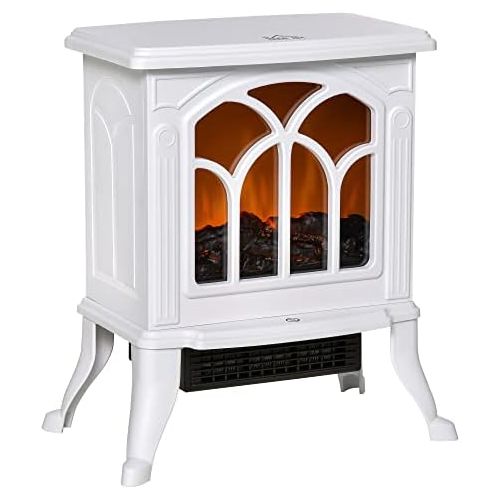  HOMCOM Freestanding Electric Fireplace Wood Stove, Space Heater with Realistic Flame Effect, Adjustable Temperature, and Overheat Protection, 750W/1500W, White