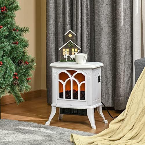  HOMCOM Freestanding Electric Fireplace Wood Stove, Space Heater with Realistic Flame Effect, Adjustable Temperature, and Overheat Protection, 750W/1500W, White