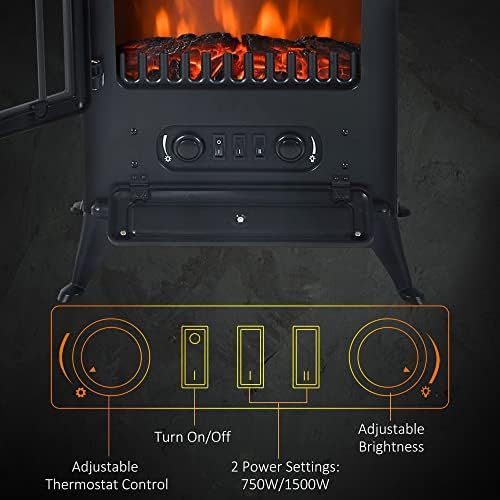  HOMCOM Electric Fireplace Heater, Freestanding Fireplace Stove with Realistic LED Log Flames and Overheating Safety Protection, 750/1500W, Black