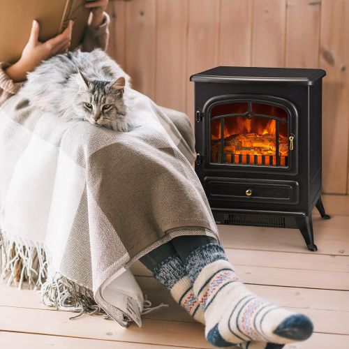  HOMCOM Electric Fireplace Heater, Freestanding Fireplace Stove with Realistic LED Log Flames and Overheating Safety Protection, 750/1500W, Black