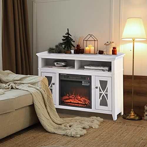  HOMCOM 2 in 1 Electric Fireplace with Wood TV Stand with Media Center Console and LED Log Flame, Fits 55 TV, White