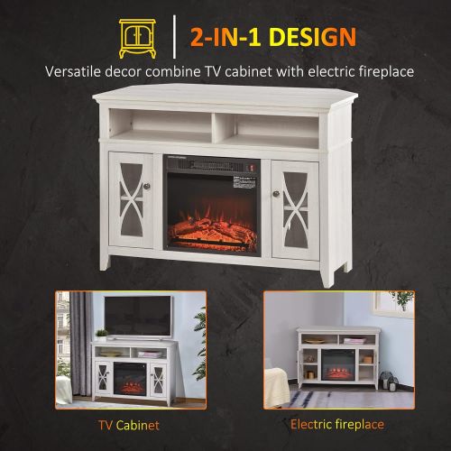  HOMCOM 2 in 1 Electric Fireplace with Wood TV Stand with Media Center Console and LED Log Flame, Fits 55 TV, White