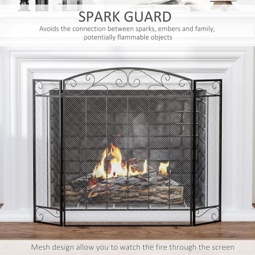  HOMCOM 3 Panel Folding Fireplace Screen, Home Steel Fire Spark Guard for Wood Burning with Decorative Vine Pattern, 41.25 x 31.75, Black