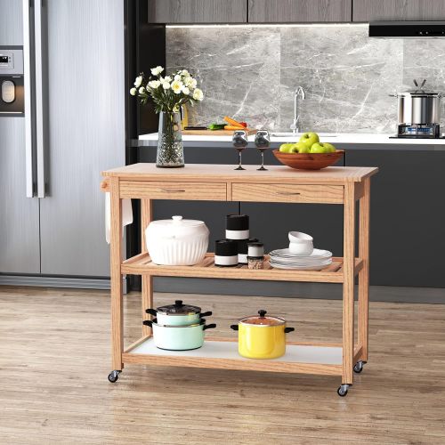  HOMCOM 42 Kitchen Trolley Cart Rolling Island Utility Serving Cart with 2 Drawers and 3 Tier Shelf Pine Wood